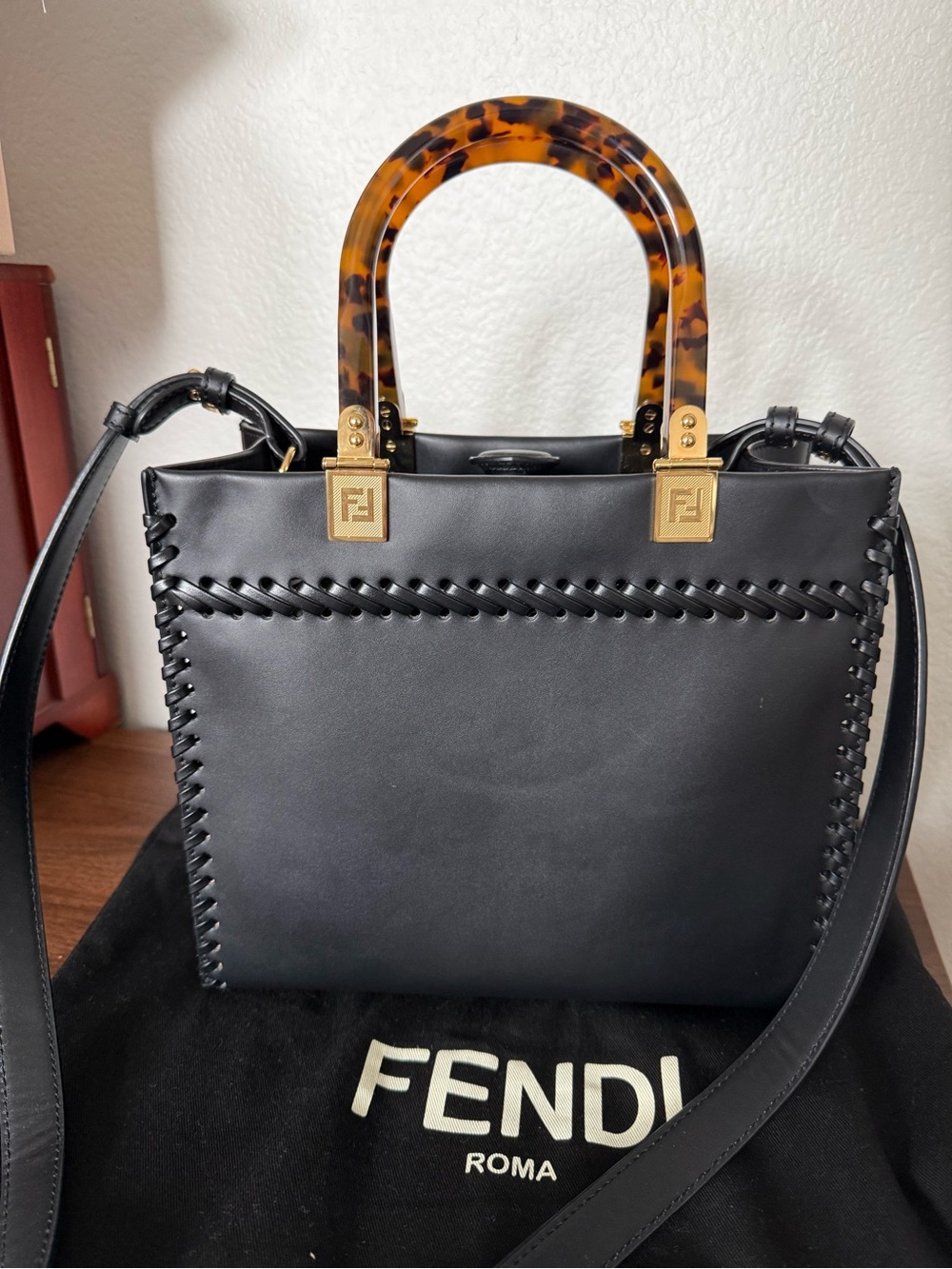 Fendi Black Leather Satchel with Tortoiseshell Handle and Gold Hardware - Picture 8 of 17